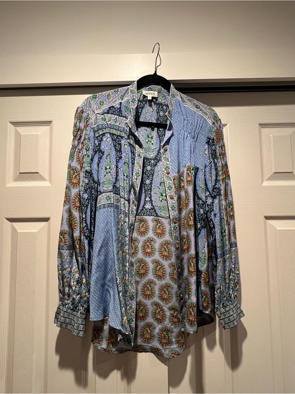 BOTEH Blue Patchwork Print Long-Sleeve Blouse (fits like M- L)